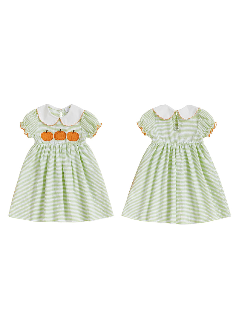 Pumpkins & Puff Sleeves Green Stripe Dress
