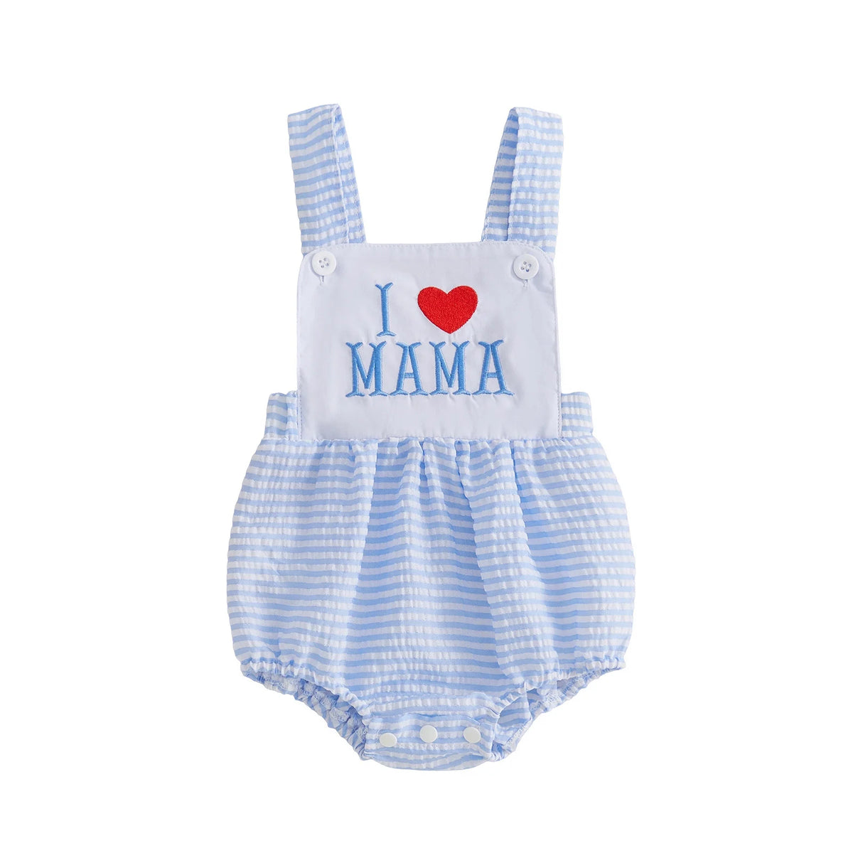 Blue striped baby bubble romper with white front panel embroidered I LOVE MAMA, striped straps, snap bottom.