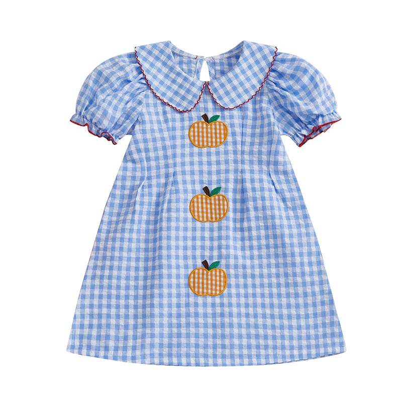 Adorable Pumpkins and Checks Girls Dress emphasizing the embroidered pumpkins and classic collar design, a charming outfit for young girls this fall.