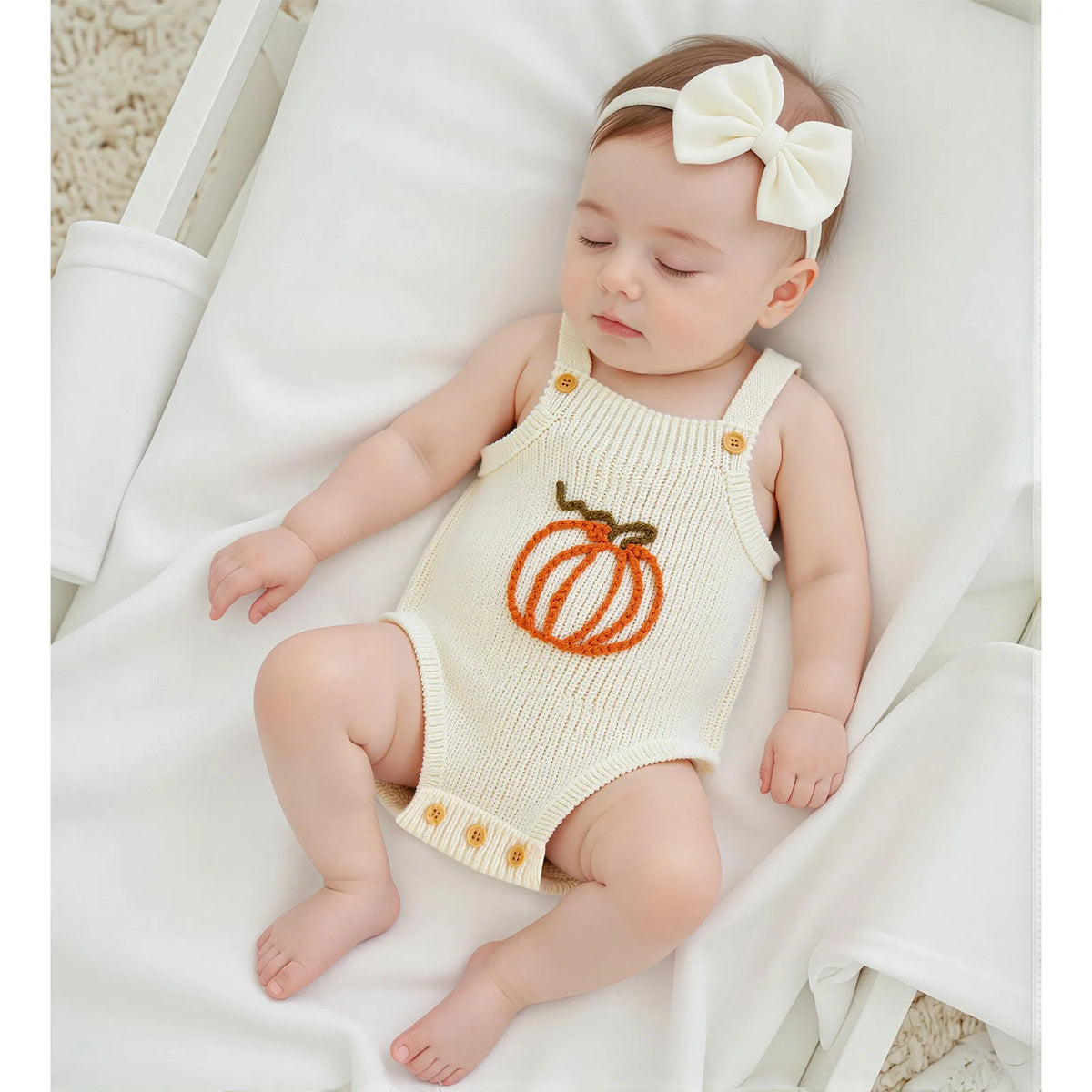 Sleeveless knit romper overalls with pumpkin applique and bow headband for babies. Breathable acrylic fabric with festive embroidered detail.