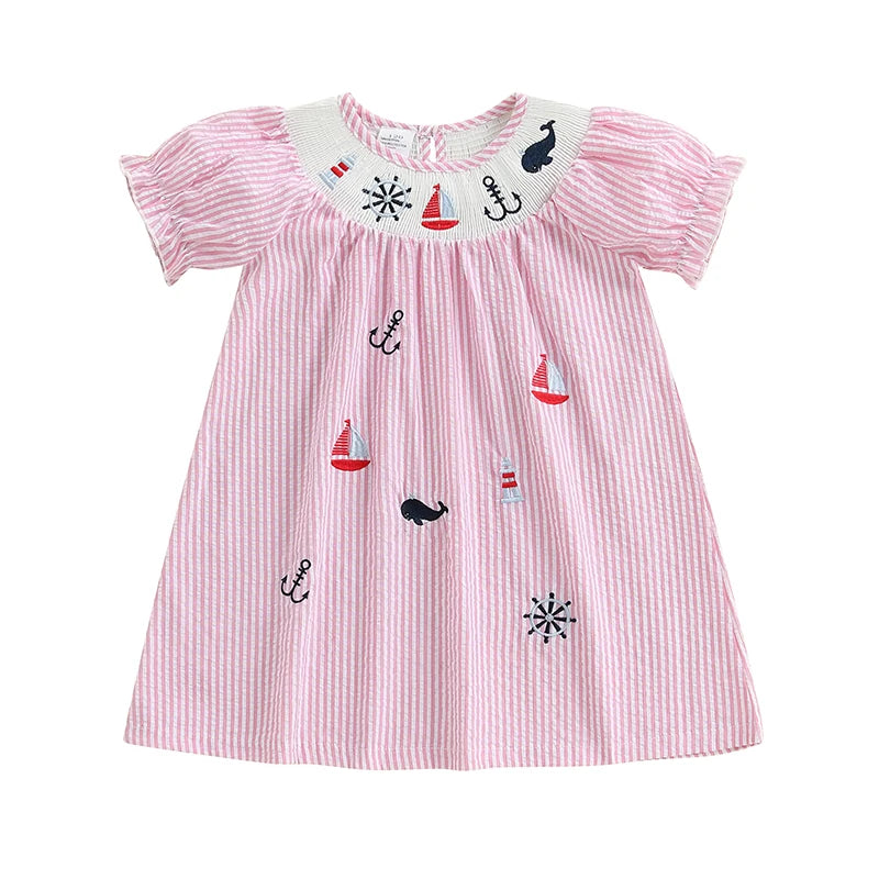 "Seersucker Sailing" Smocked Striped Dress