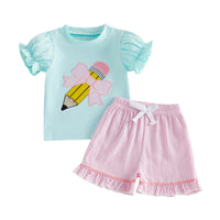 Turquoise puff-sleeve top with pencil embroidery and pink bow, paired with pink striped seersucker shorts with ruffles.
