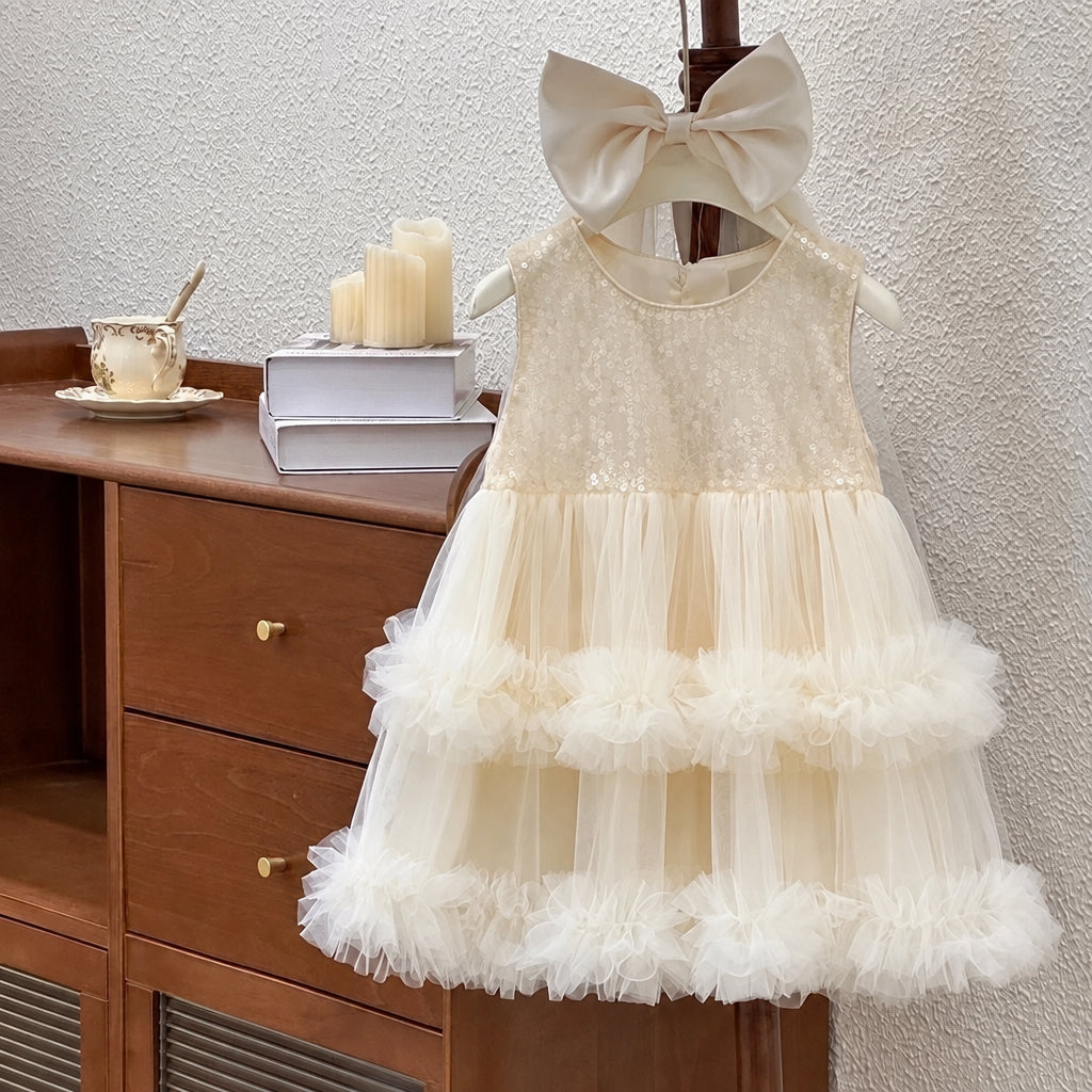 A cream-colored toddler girl's party dress with a large matching bow headband, displayed on a hanger next to a wooden cabinet.