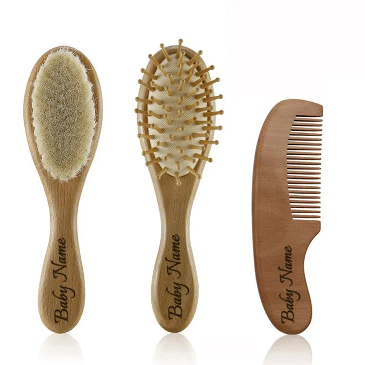 Wooden baby grooming set with brush, bristle brush, and comb personalized with name