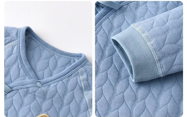 Close-up features of the Mr. Bear Cozy Warm Quilted Baby Romper showing collar and sleeve design, combining style and functionality.