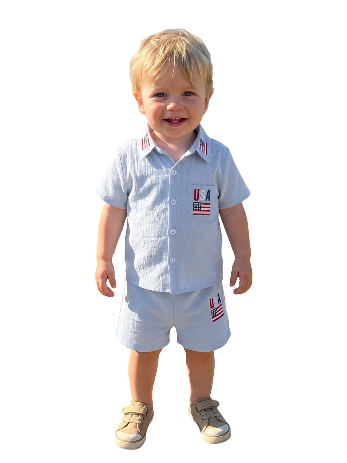 Patriotic Cutie Short Sleeve Shirt & Elastic Waistband Boys Shorts Set - The Palm Beach Baby Estimated 10 - 18 Day Delivery
