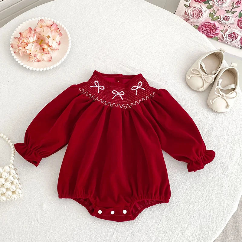 "Bow-Licious" Holiday Red Smocked Bubble - Long Sleeves