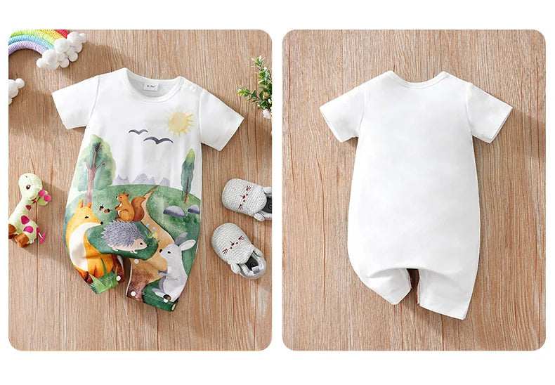 Front and back view of the Cute 'Forest Animals' Baby Romper for Boys - Ideal for everyday wear with easy diaper changes.
