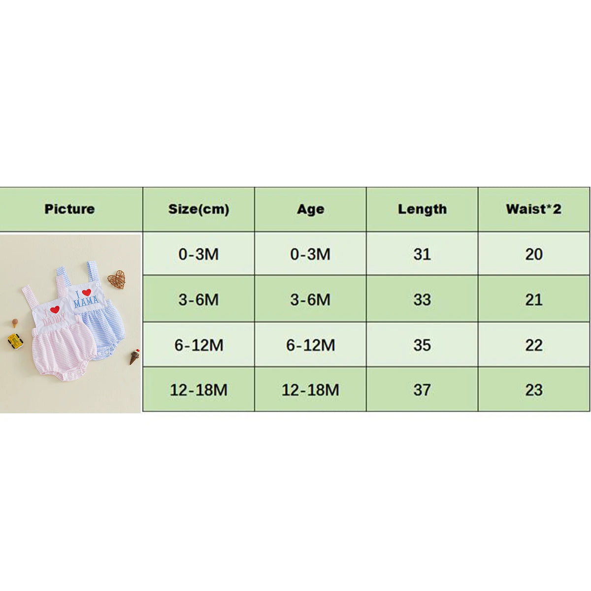Two baby bubble rompers in pink and blue gingham with “I Love Mama” embroidery; sleeveless, newborn to 18 months.