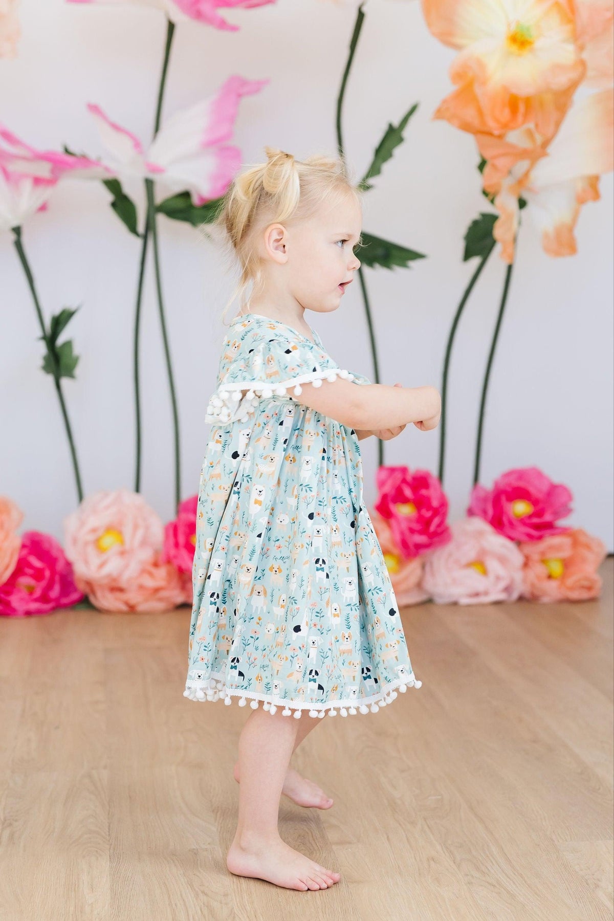 Furry Friends Short Sleeve Girls Pom Pom Dress in Seaside Blue - The Palm Beach Baby Mila & Rose ®