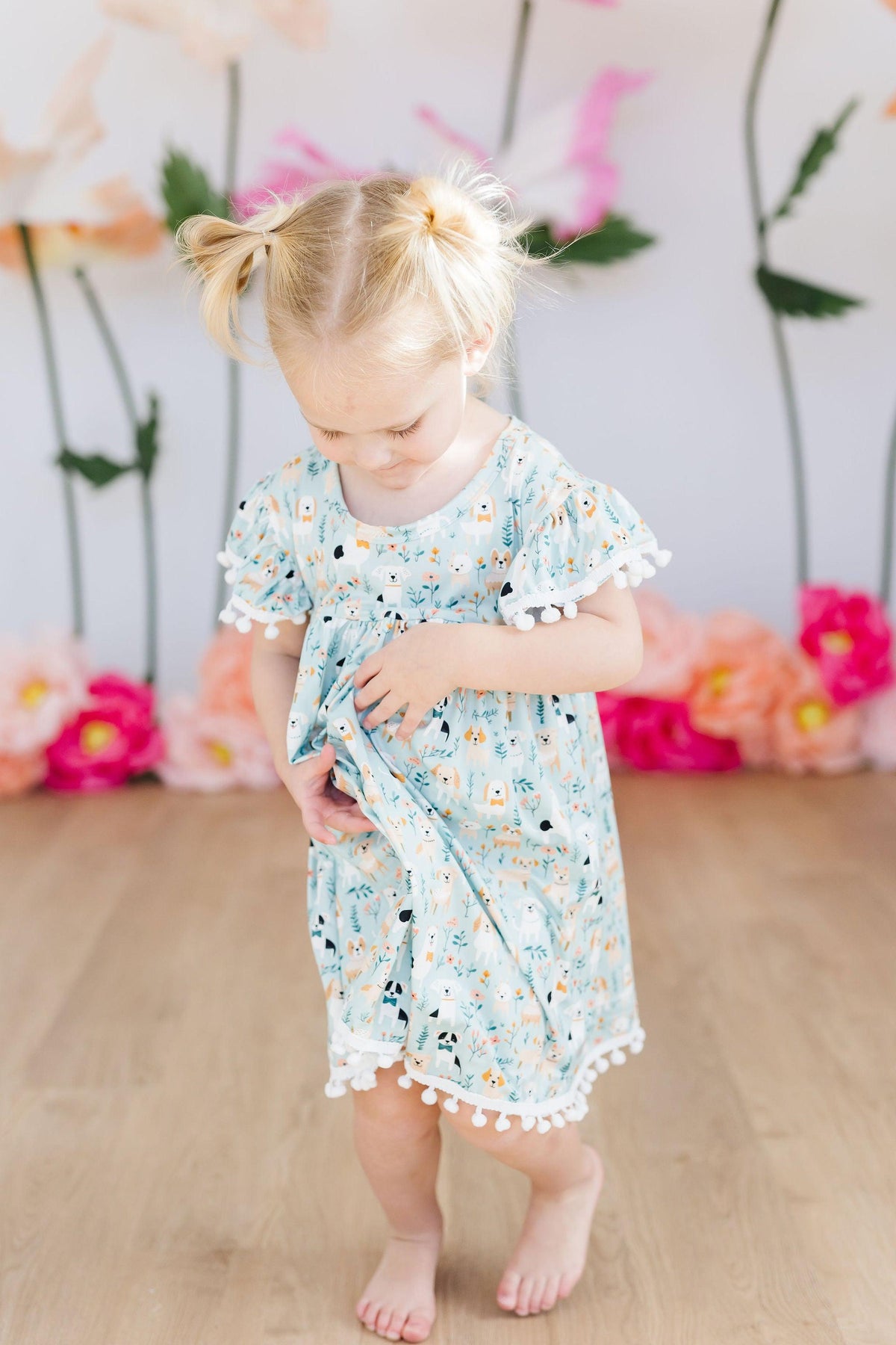 Furry Friends Short Sleeve Girls Pom Pom Dress in Seaside Blue - The Palm Beach Baby Mila & Rose ®