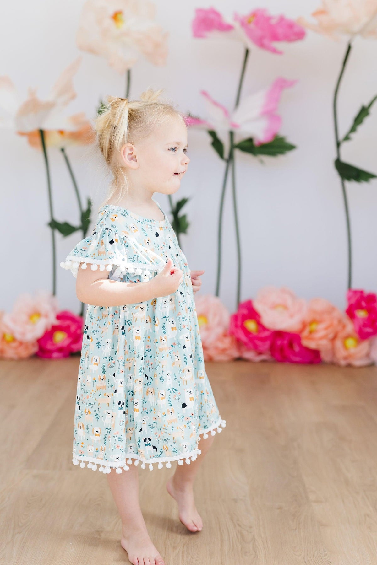 Furry Friends Short Sleeve Girls Pom Pom Dress in Seaside Blue - The Palm Beach Baby Mila & Rose ®