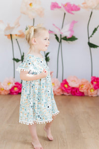 Furry Friends Short Sleeve Girls Pom Pom Dress in Seaside Blue - The Palm Beach Baby Mila & Rose ®