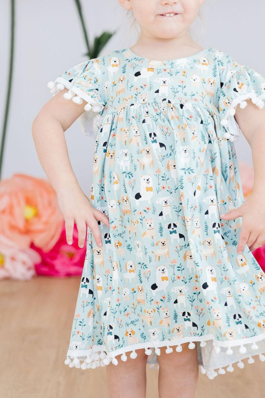 Furry Friends Short Sleeve Girls Pom Pom Dress in Seaside Blue - The Palm Beach Baby Mila & Rose ®