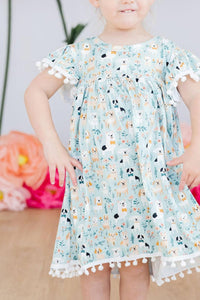 Furry Friends Short Sleeve Girls Pom Pom Dress in Seaside Blue - The Palm Beach Baby Mila & Rose ®