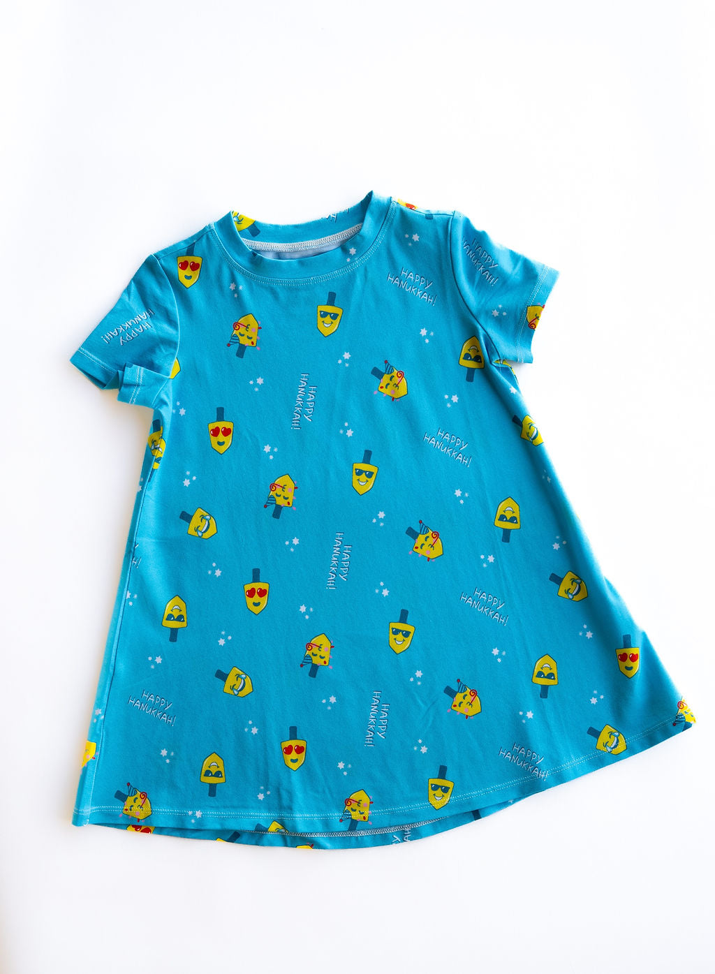 Blue Lovin' Dreidels A-Line dress for 2-9 years with yellow dreidels and Happy Hanukkah print.