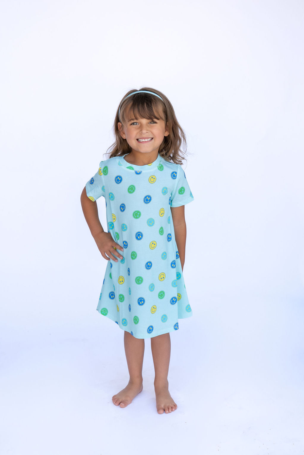 Adorable Short Sleeve Blue Smiles - Girls A-Line Dress - The Palm Beach Baby Lovey&Grink