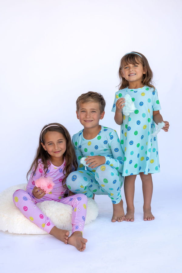Adorable Short Sleeve Blue Smiles - Girls A-Line Dress - The Palm Beach Baby Lovey&Grink