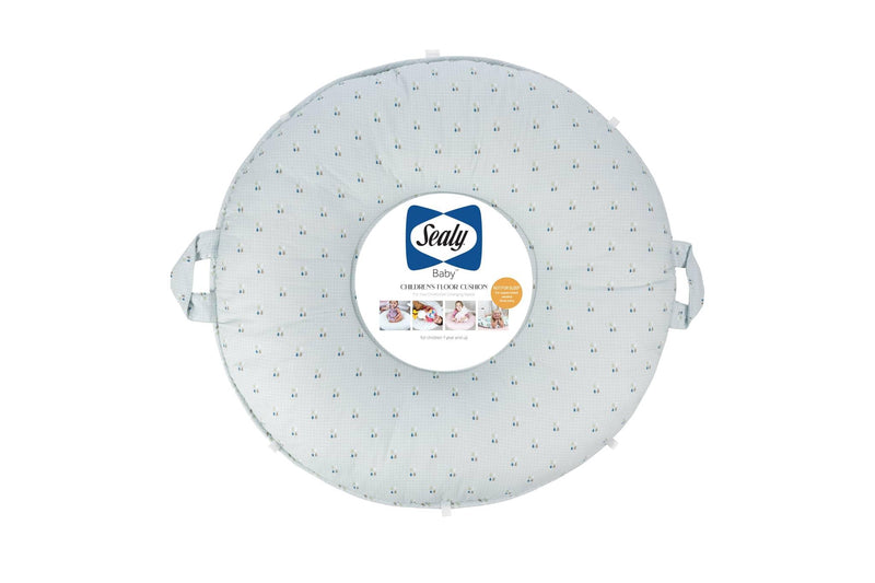 Light gray Sealy floor cushion with small blue and yellow patterns, made of soft fabric with handles