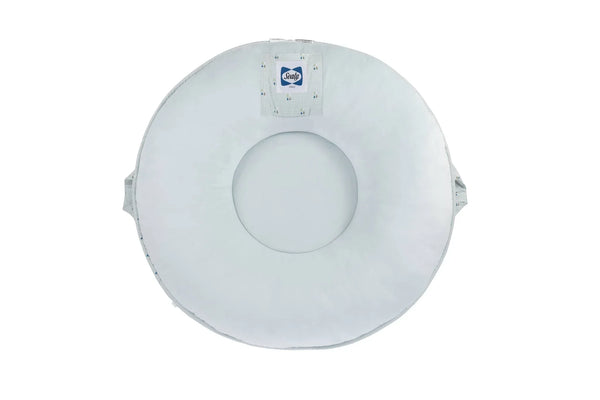 White Sealy floor cushion made of soft fabric with handles on sides for easy carrying