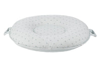 White cotton Sealy floor cushion with small blue and yellow dots and side handles