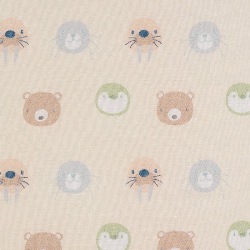 Close-up of the charming Beige Animal Faces pattern on the Sealy Pouf designed for toddlers and kids, featuring cute animal faces.