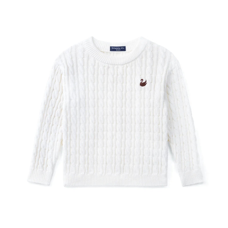 White long-sleeved baby cable knit sweater with ribbed cuffs and brown swan logo on chest