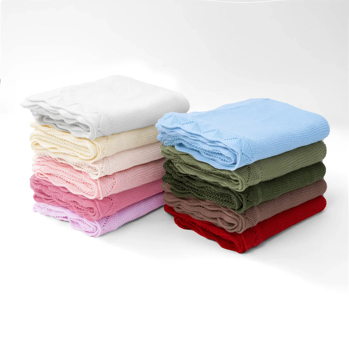 Heirloom Lace Knit Baby Blankets in multiple colors, crafted from 100% cotton.
