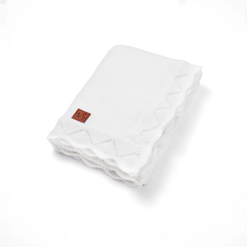 Heirloom Lace Knit Baby Blanket in White, 100% cotton with lace edge for newborns.