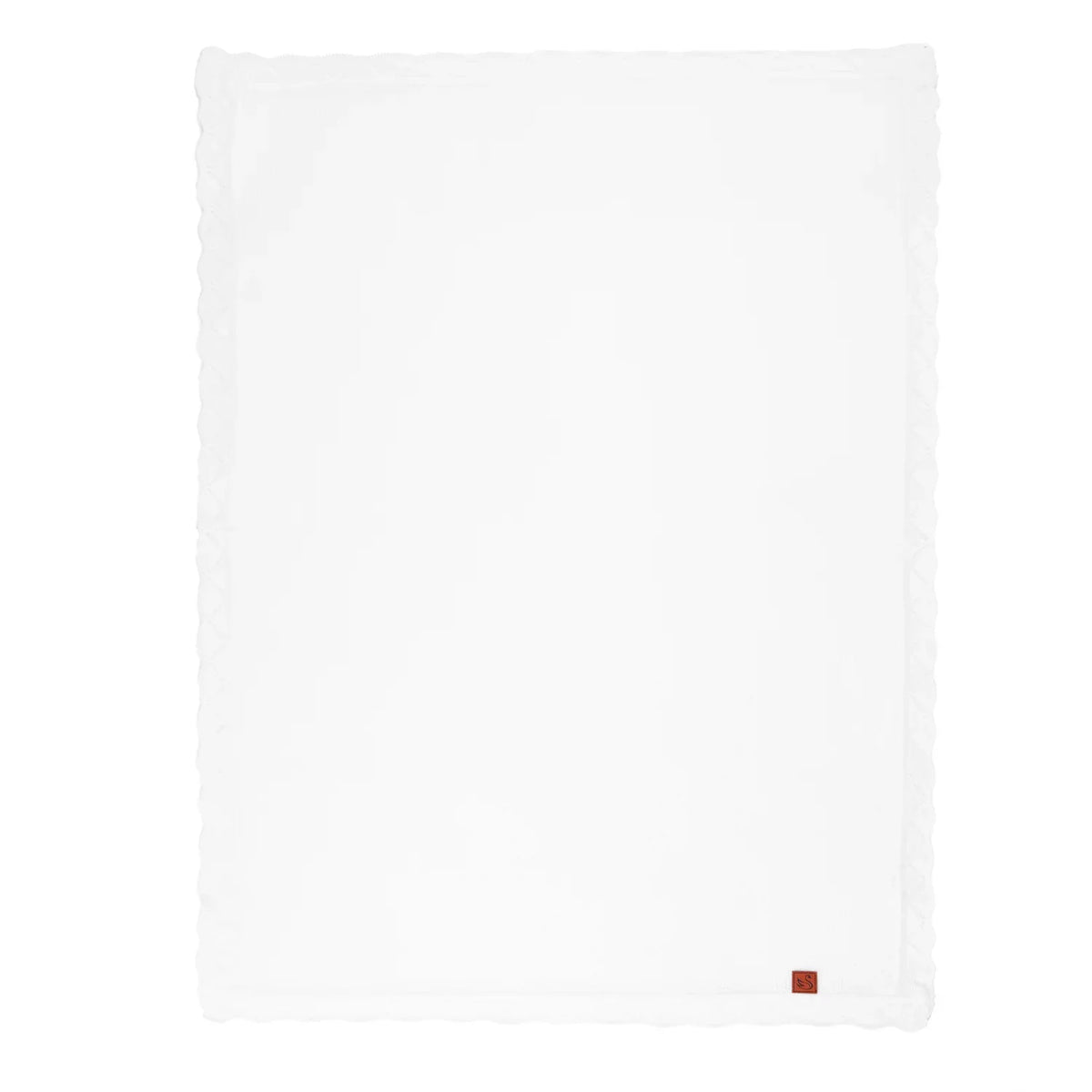 Heirloom Lace Knit Baby Blanket in White, 100% cotton, scalloped edges, red corner tag.
