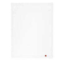 Heirloom Lace Knit Baby Blanket in White, 100% cotton, scalloped edges, red corner tag.