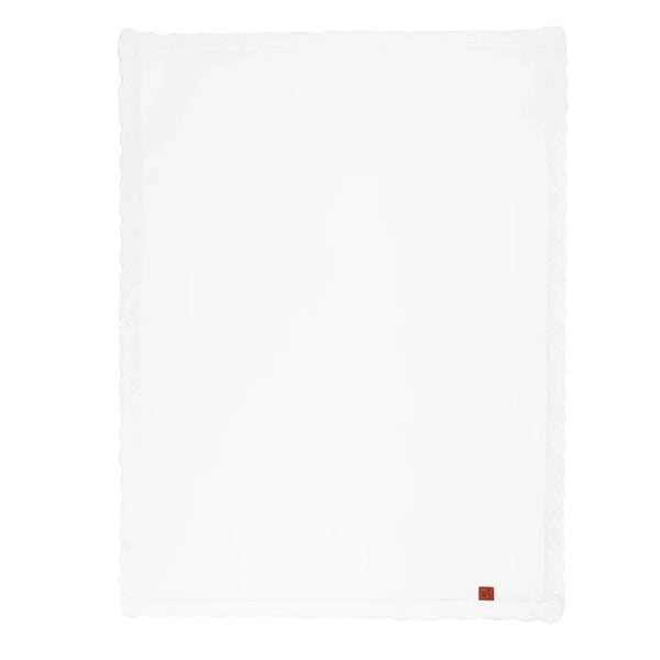 Heirloom Lace Knit Baby Blanket in White, 100% cotton, scalloped edges, red corner tag.