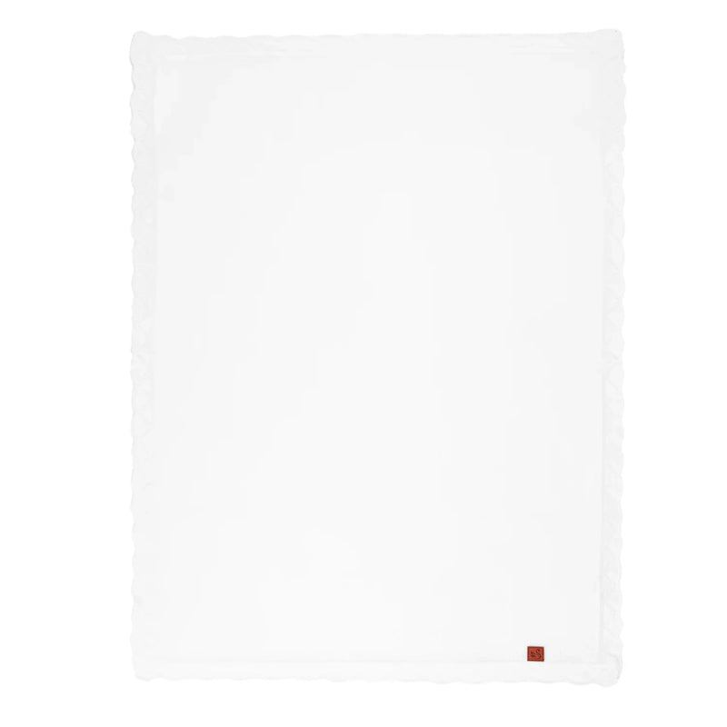 Heirloom Lace Knit Baby Blanket in White, 100% cotton, scalloped edges, red corner tag.