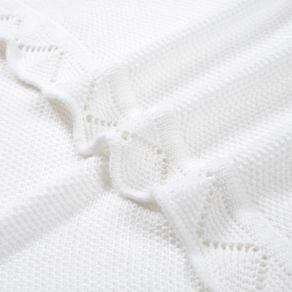 Heirloom Lace Knit Baby Blanket in White, 100% cotton for gentle warmth and newborn safety.