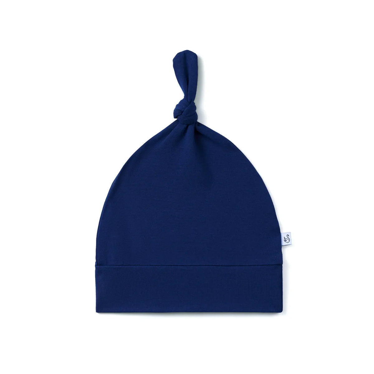 Navy blue baby knotted cap with twisted knot and ribbed brim on white background