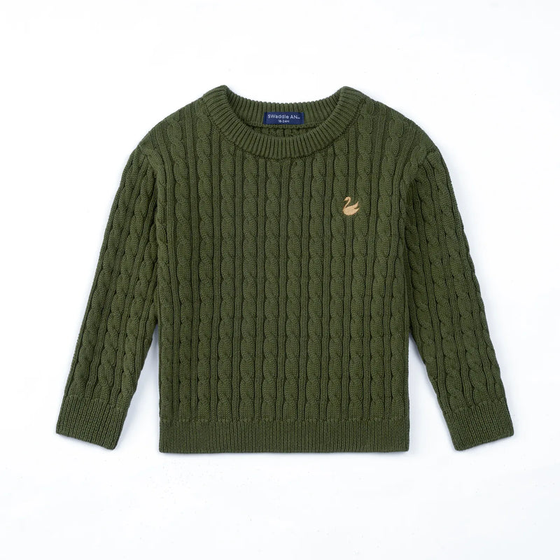 Forest green cable knit baby sweater flat lay with ribbed crew neck, long sleeves, and gold swan embroidery on left chest