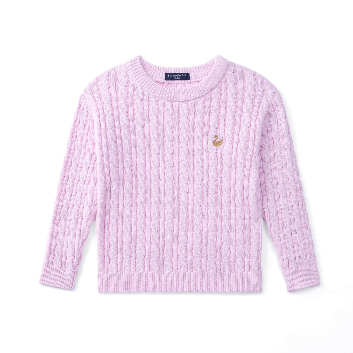 Lilac baby sweater flat lay with vertical cable knit pattern, ribbed cuffs, and gold swan logo