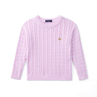 Lilac baby sweater flat lay with vertical cable knit pattern, ribbed cuffs, and gold swan logo