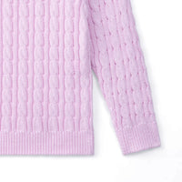 Detail of lilac baby sweater sleeve and hem showing continuous cable knit pattern and ribbed construction