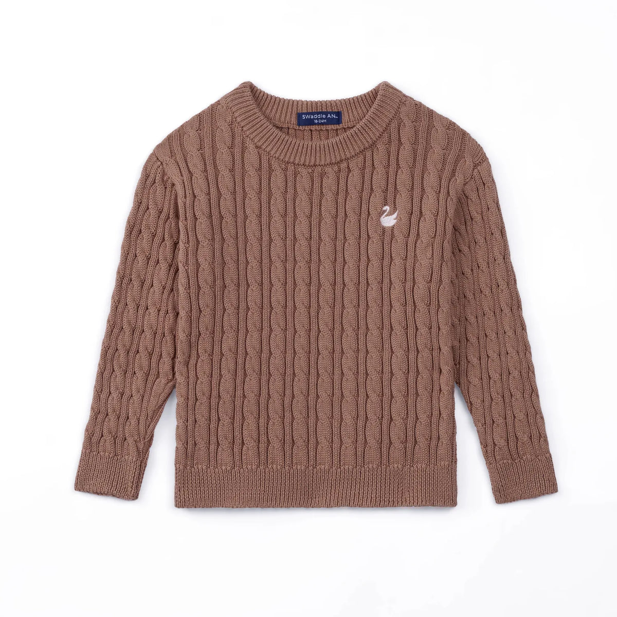 Mocha baby cable knit sweater flat lay with ribbed crew neck, cuffs, and white swan embroidery