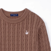 High-angle view of mocha sweater shoulder area showing inner size label and embroidered swan logo