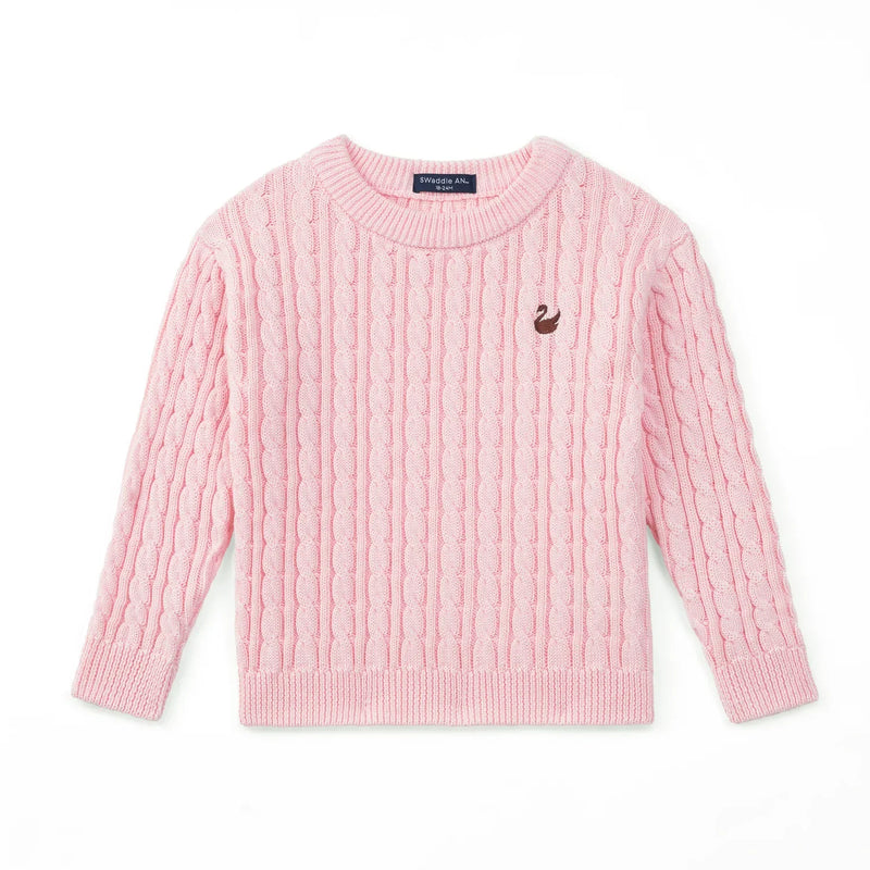 Light pink baby cable knit sweater with crew neck, ribbed cuffs, and brown swan logo on left chest