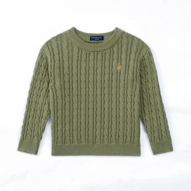 Sage green cable knit baby sweater flat lay with ribbed cuffs and tan swan embroidery