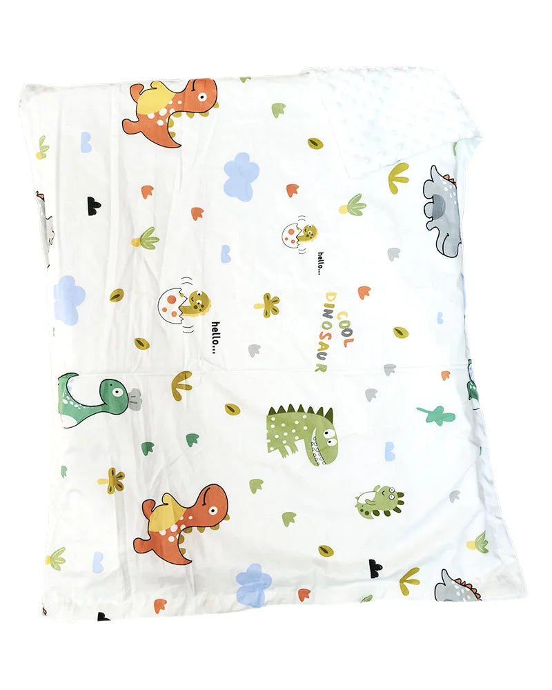 Two-sided children's Minky blanket with raised dots and colorful dinosaur prints, 100x75 cm.