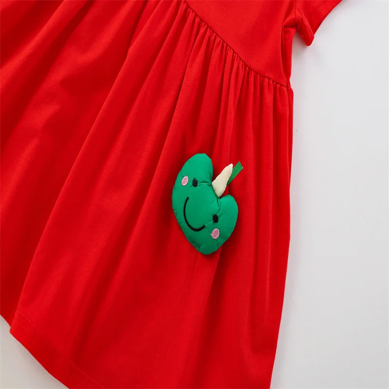 "Fruity Fun" Appliqued Fruits Girls Dress - Playful Red