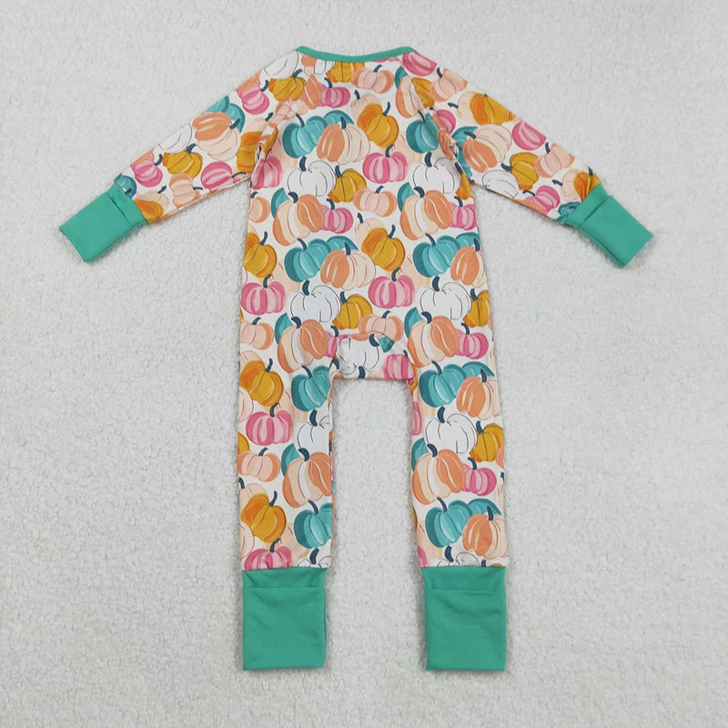 Back view of the 'Pumpkin Harvest' Long Sleeved Pumpkin Print Romper displaying the colorful pumpkin design and snug fit for chilly weather.
