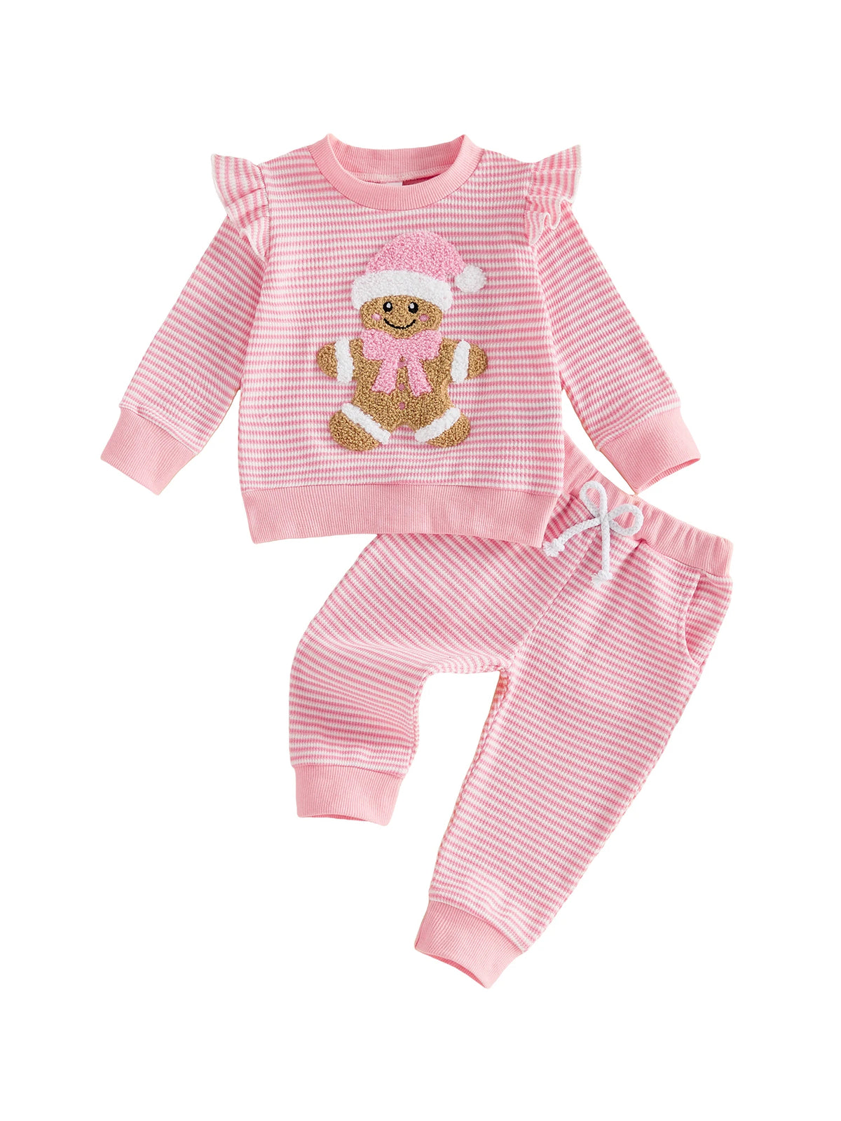 Pink and white striped waffle knit 2-piece set for girls featuring a gingerbread baby applique on the long sleeve ruffle pullover and matching pants.