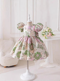 Jacquard Pamela Princess Puff Flowers Dress on mannequin; multicolor floral pattern with pink and green hues.
