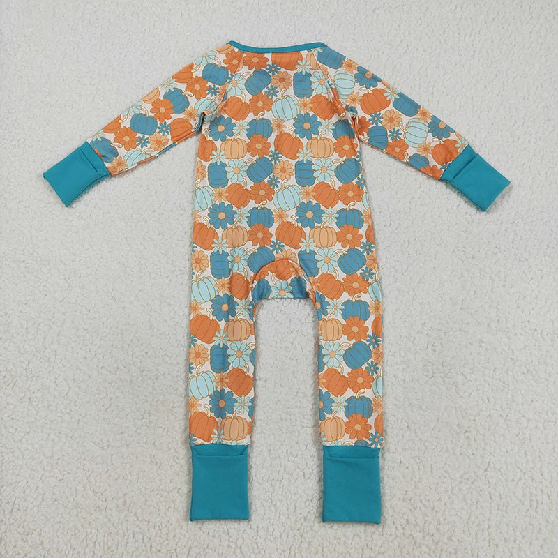 Back view of the Pumpkins & Flowers Colorful Zippered Romper - Teal, showcasing the playful pumpkin floral design.