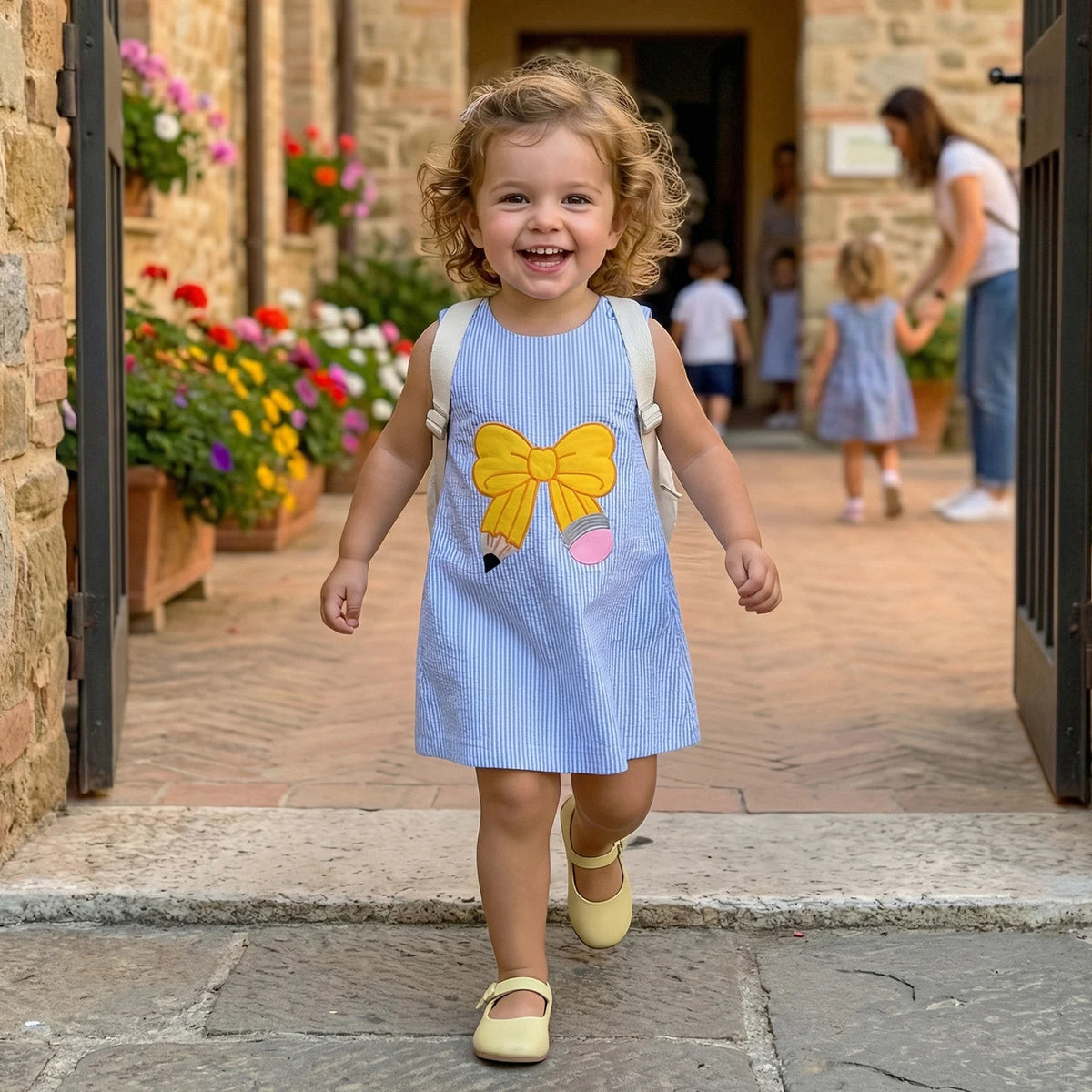 Back to School Seersucker Embroidered Dress, sleeveless blue striped with a yellow bow, knee-length for girls 3-7.